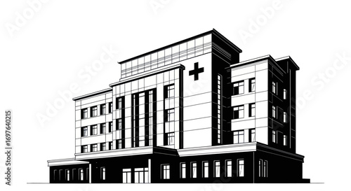 Stylized architectural rendering of a modern hospital building in black and white
