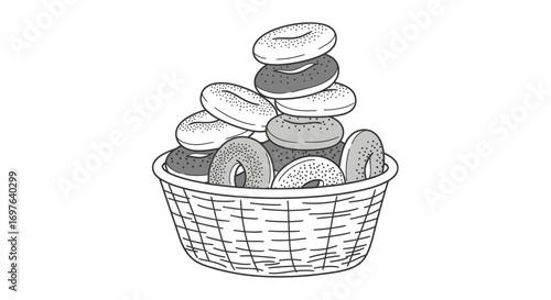 Stylized grayscale illustration of a basket filled with assorted bagels forming a playful culinary