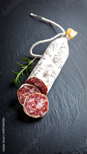 Salami slices on slate