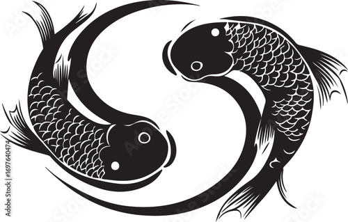 Two stylized black and white koi fish forming a yin yang symbol in a circular motion