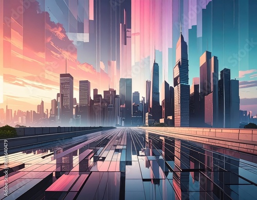 Vibrant Abstract Cityscape at Dusk with Colorful Reflections