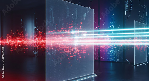 Digital data stream passing through secure firewall shield representing cyber defense and network privacy protection