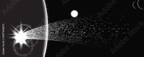 Comet and planet in space. Futuristic landscape, with noise texture . Night landscape with starry sky .Vector illustration
