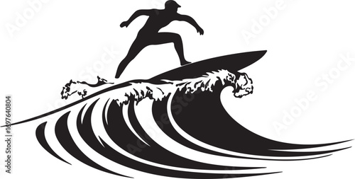 Dynamic silhouette of a surfer riding a powerful ocean wave with spray and motion
