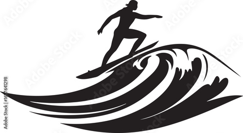Silhouette of a surfer riding a large ocean wave with dynamic water spray and white background