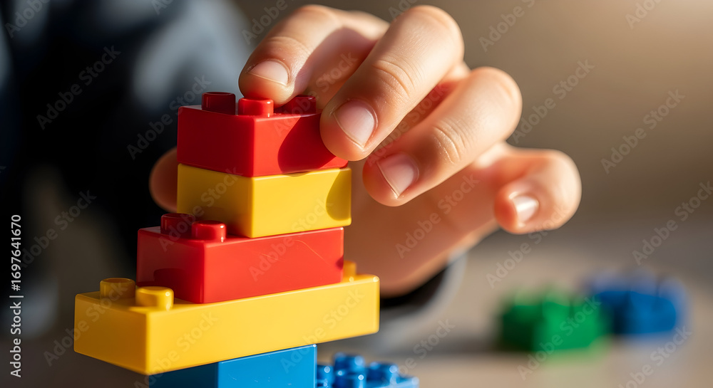 Naklejka premium Child's hand placing red and yellow Lego blocks.