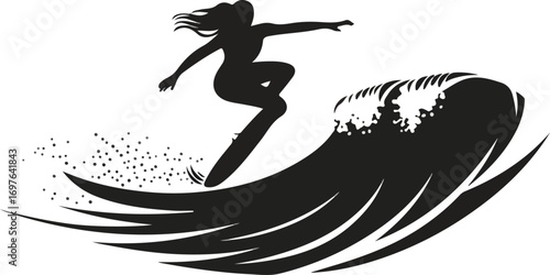 Dynamic silhouette of a female surfer riding a powerful ocean wave with spray