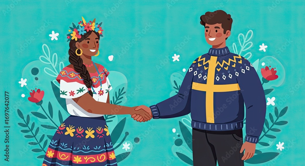 Fototapeta premium Diverse People Shaking Hands in Blue Floral Background Illustration