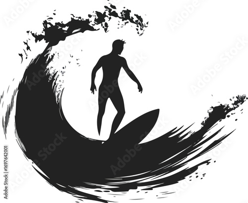 Silhouette of a surfer riding a powerful wave with a dynamic brushstroke effect