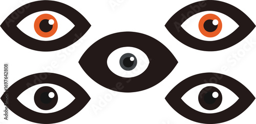 A surreal and abstract composition featuring five stylized eyes with different colored irises and pupils against a white background creating a sense of observation and mystery