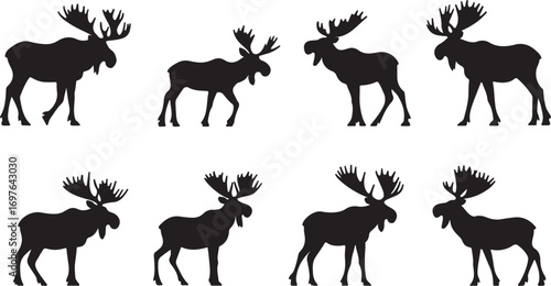 Collection of eight distinct black silhouettes of majestic moose with large antlers on a white background
