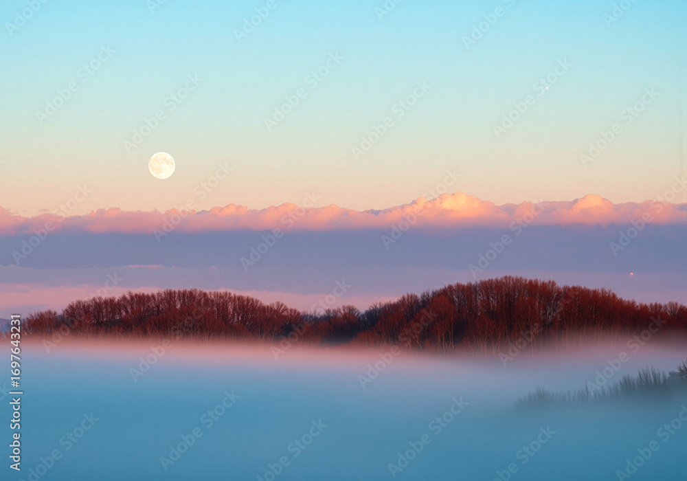 Obraz premium Moonrise over misty forest, colorful twilight sky.