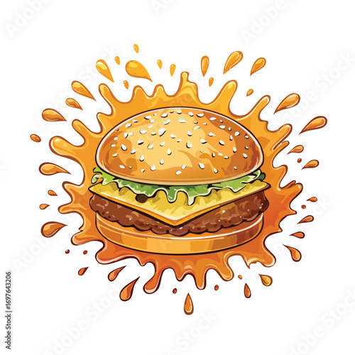 Hamburger Bun splash Colorful Vector in Adorable Comic Style with Expressive Lines..