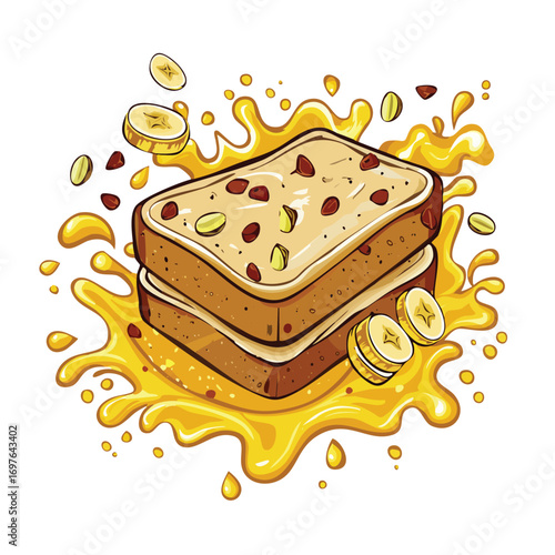Banana Bread splash Colorful Vector in Adorable Comic Style with Expressive Lines..