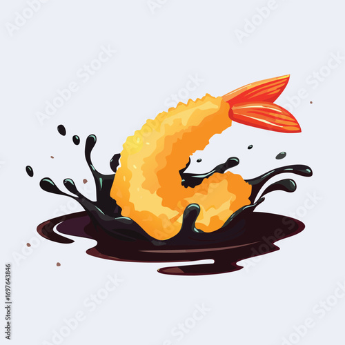 Shrimp Tempura with Sauce Splash creative isometric illustration with layered dimension and depth cues.