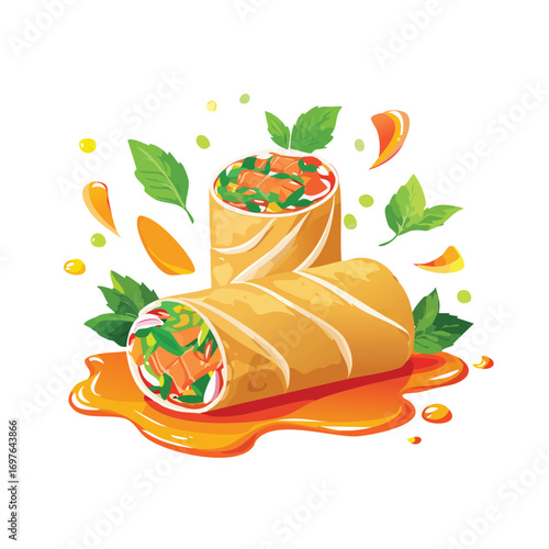 Spring Rolls with Sauce Splash creative isometric illustration with layered dimension and depth cues.