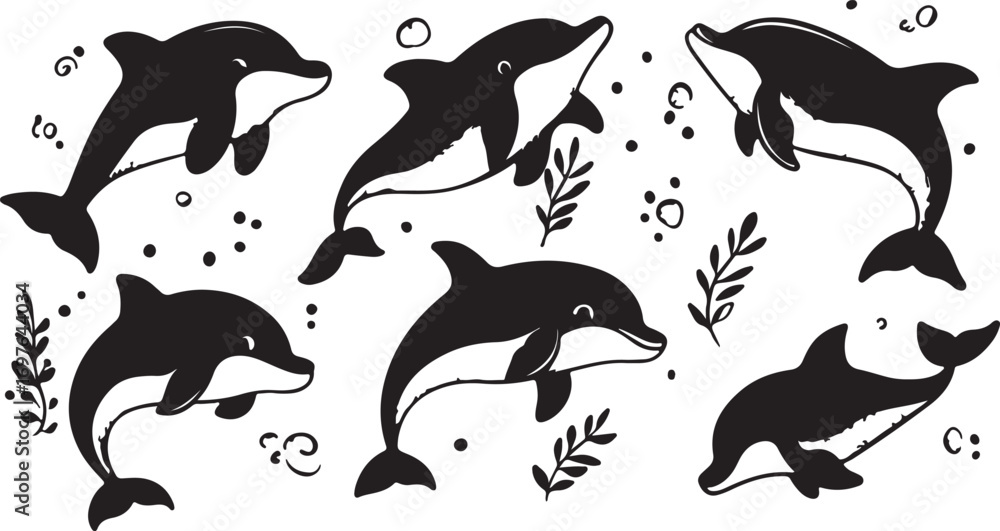 Naklejka premium Collection of playful black and white cartoon dolphins leaping and swimming in the ocean