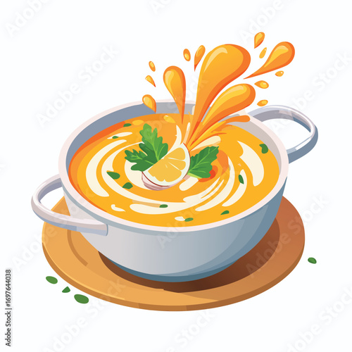 Clam Chowder with Sauce Splash creative isometric illustration with layered dimension and depth cues.