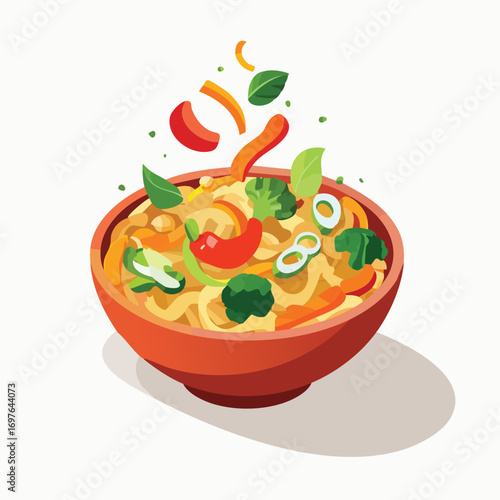 Veggie Stir Fry with Sauce Splash creative isometric illustration with layered dimension and depth cues.