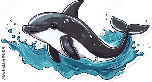 Playful orca dolphin leaping joyfully through a splash of bright blue ocean water