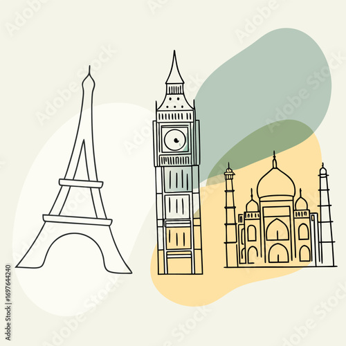 Illustrated Travel Destinations Eiffel Tower Big Ben and Taj Mahal in Simple Black and White Line Art with Abstract Color Blocks