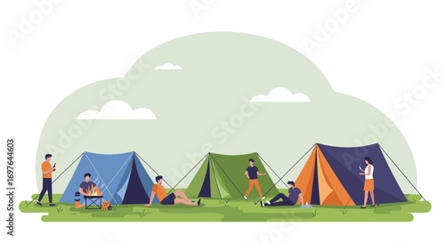 A serene flat design vector illustration depicting colorful camping tents and people relaxing, representing the multi-day experience of an outdoor music festival
