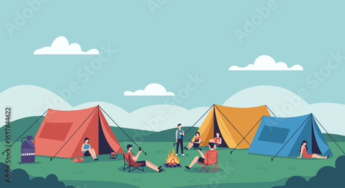 A serene flat design vector illustration depicting colorful camping tents and people relaxing, representing the multi-day experience of an outdoor music festival