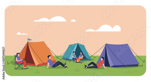A serene flat design vector illustration depicting colorful camping tents and people relaxing, representing the multi-day experience of an outdoor music festival