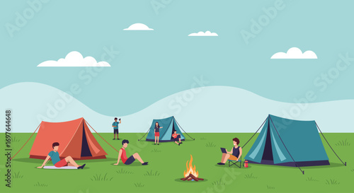 A serene flat design vector illustration depicting colorful camping tents and people relaxing, representing the multi-day experience of an outdoor music festival