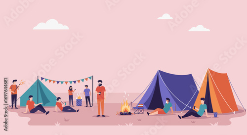 A serene flat design vector illustration depicting colorful camping tents and people relaxing, representing the multi-day experience of an outdoor music festival