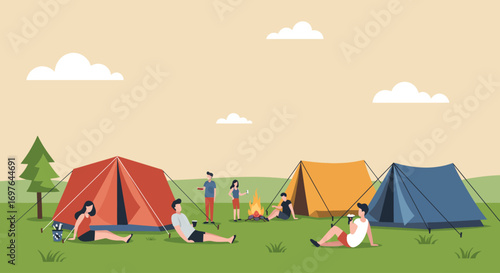 A serene flat design vector illustration depicting colorful camping tents and people relaxing, representing the multi-day experience of an outdoor music festival