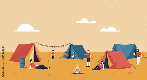 A serene flat design vector illustration depicting colorful camping tents and people relaxing, representing the multi-day experience of an outdoor music festival