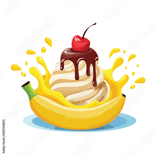 Banana Split with Sauce Splash creative isometric illustration with layered dimension and depth cues.