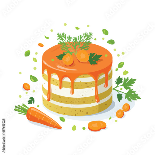 Carrot Cake with Sauce Splash creative isometric illustration with layered dimension and depth cues.