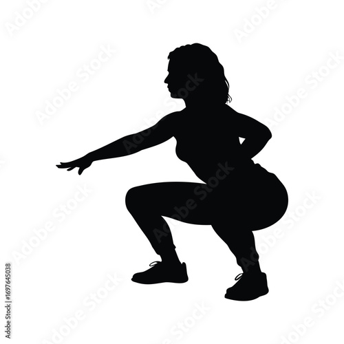 Silhouette of a woman in a deep squat position extending one arm forward, woman doing squats silhouette vector illustration