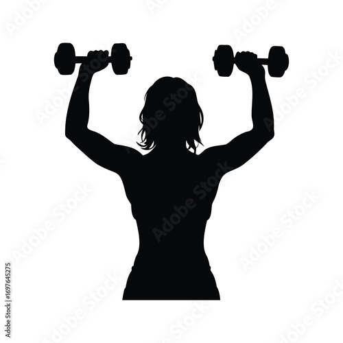 Silhouette of muscular woman lifting dumbbells overhead during fitness workout routine, woman lifting dumbbells silhouette vector illustration