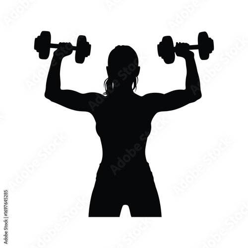 Silhouette of a muscular woman lifting dumbbells in a fitness exercise pose, woman lifting dumbbells silhouette vector illustration
