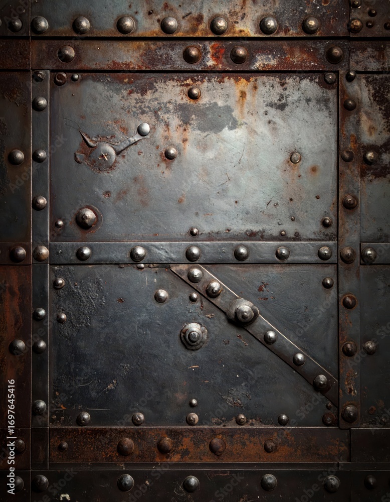 Fototapeta premium Rusty Metal Door with Rivets and Patina Textures from Old Structure