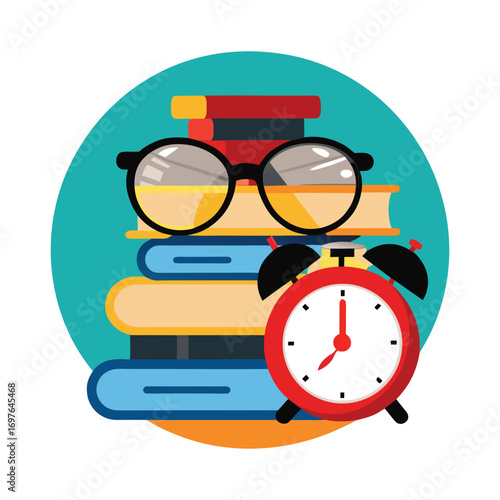 A stack of colorful books rests behind a pair of round eyeglasses and a classic red alarm clock symbolizing education learning and time management