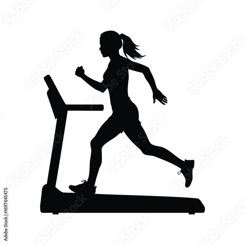 Silhouette of a Woman Running on a Treadmill, Exercise and Healthy Lifestyle, woman running on treadmill silhouette vector illustration