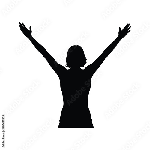 Silhouette of a woman with open arms reaching upwards in joyous celebration, woman stretching arms silhouette vector illustration
