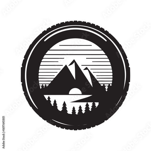 camera lens showing mountain and sunset vector silhouette clip art logo design illustration