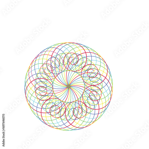 A colorful spirograph design isolated on white background, featuring intricate patterns and vibrant hues in a circular arrangement