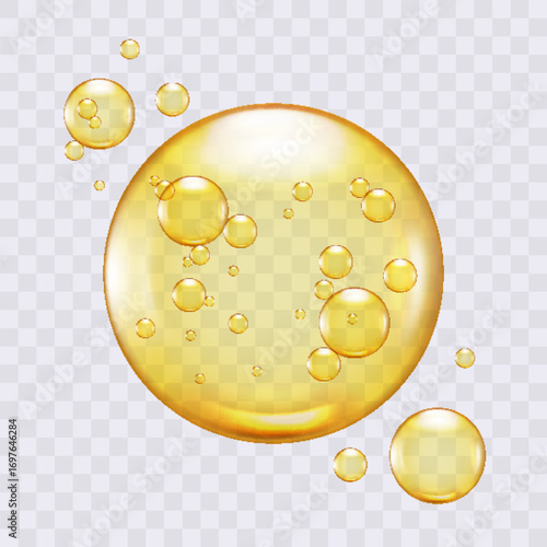 Yellow oil drops and vitamin bubbles with collagen and serum cream drops. Realistic vector illustration on transparent background.