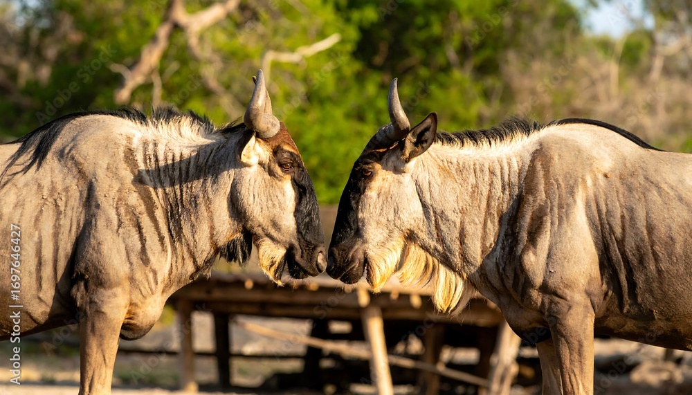 Fototapeta premium Two wildebeest facing each other