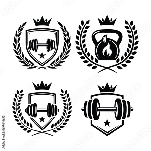 Four distinct black and white crest emblems featuring gym equipment like dumbbells and kettlebells surrounded by laurel wreaths and crowns symbolizing strength and achievement in fitness