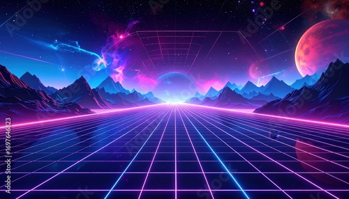 A futuristic landscape, bathed in vibrant neon colors, stretches out before a panorama of majestic mountains and celestial bodies.