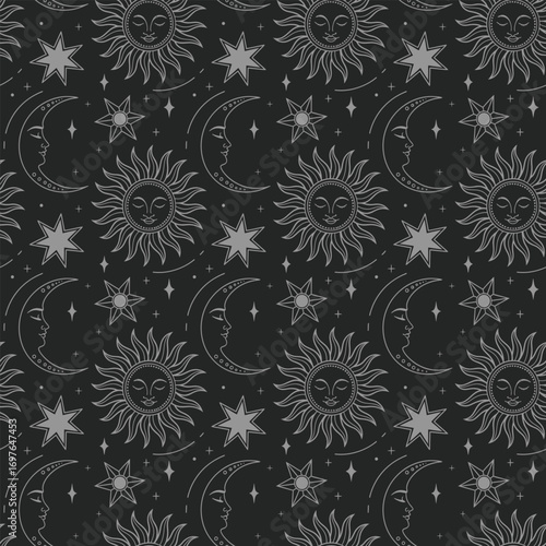 Seamless Celestial Pattern with Mystical Suns, Crescent Moons and Stars in Magical Astrology Design