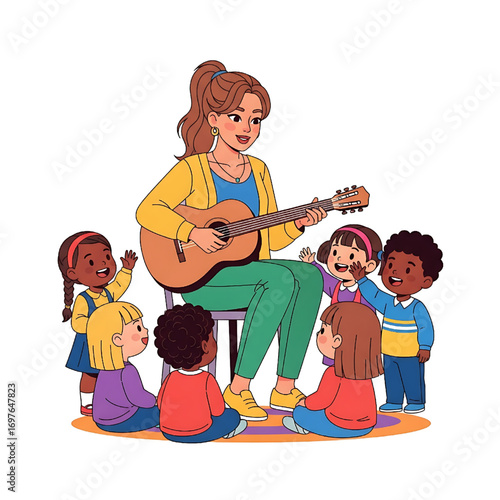 A female kindergarten teacher playing a small guitar while teaching children to sing joyfully. Isolated on a white background.