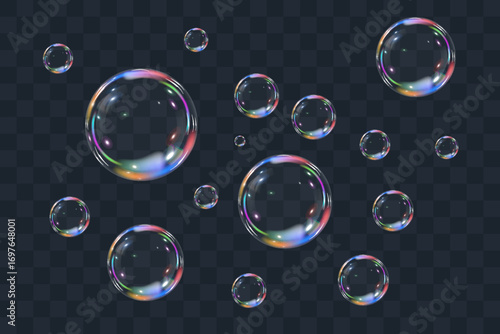 Realistic colorful soap bubbles on transparent background